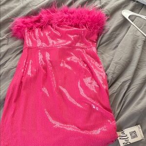 bella bliss Hot Pink Sequin Strapless Mini Dress with Feather Trim
